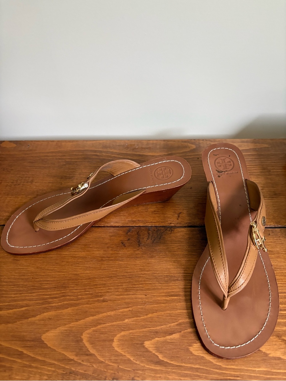 Tory Burch Tan Leather Wedge Thong Sandals with Gold Logo Accent